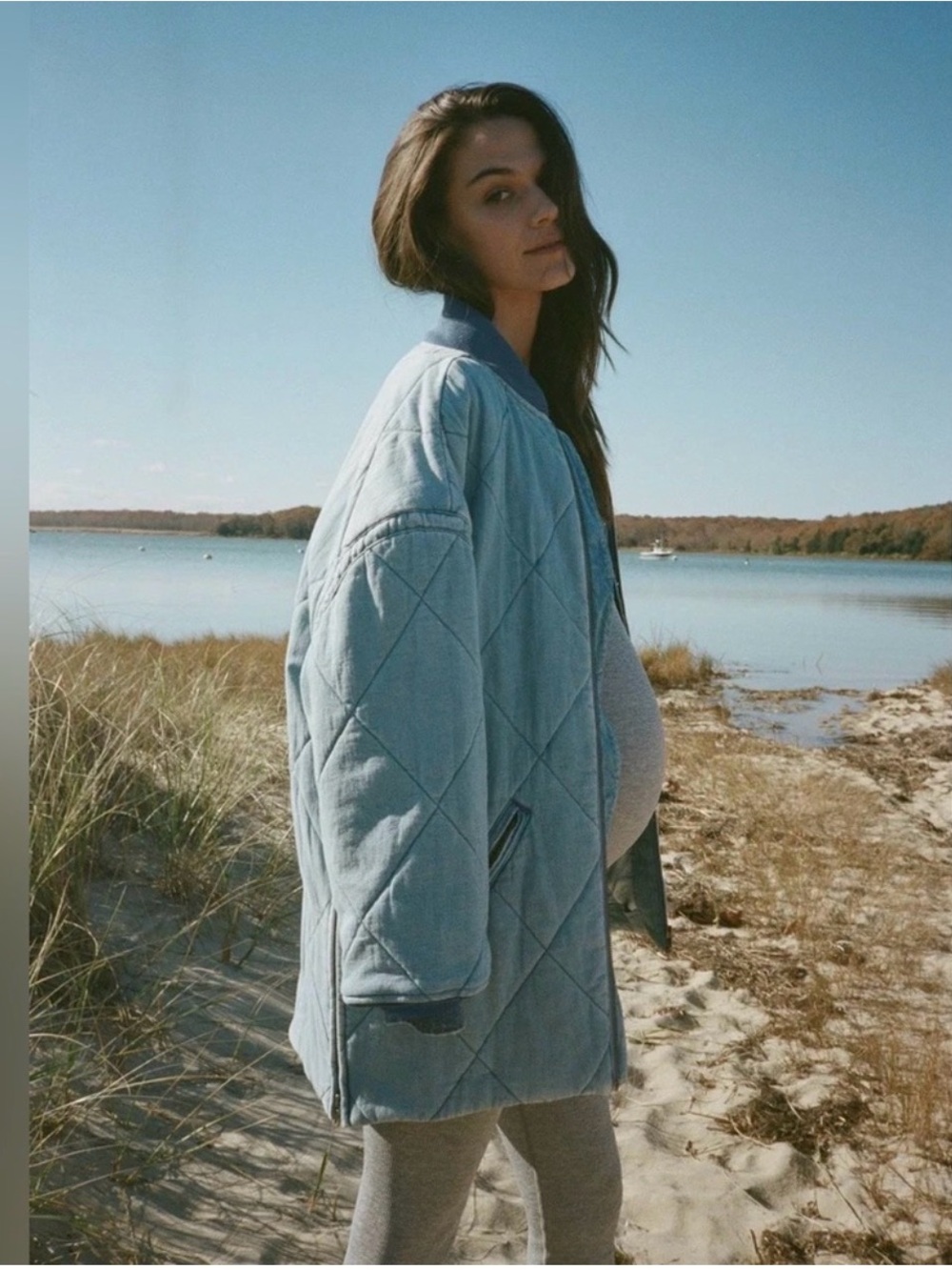 Hatch Emi Quilted Bomber Jacket with Ribbed Trim Light Blue Denim